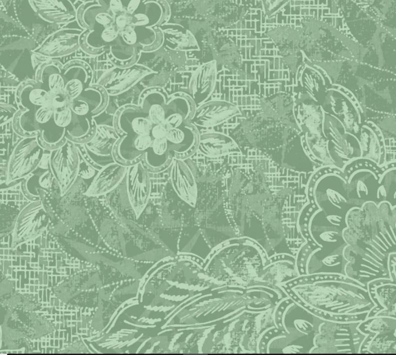 K&ouml;nnte beinhalten: Digital erstelltes Muster mit einem sich wiederholenden Blumendesign in Gr&uuml;n- und Wei&szlig;t&ouml;nen. Die Blumen und Bl&auml;tter haben ein skizzenhaftes Aussehen mit einem strukturierten, verwitterten Hintergrund. Die Gesamt&auml;sthetik ist Vintage und botanisch.