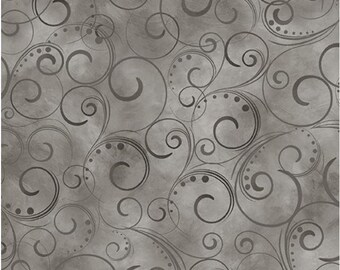 May include: A gray fabric featuring a repeating pattern of dark gray swirling lines and small dots. The background has a mottled, textured appearance with varying shades of gray, creating a subtle depth across the surface of the material.
