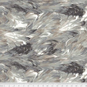 May include: Abstract fabric with a swirling pattern of gray, white, and brown. The fabric has a subtle sheen and a soft, flowing texture.