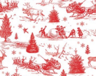 May include: Red and white Christmas themed fabric with a repeating pattern of reindeer, trees, snowflakes, and people playing in the snow.