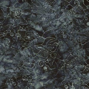 May include: A dark charcoal gray fabric featuring a batik-style pattern with intricate floral motifs, swirling lines, and dotted textures. The design displays varying shades of black and slate gray, creating a marbled effect across the textile surface.