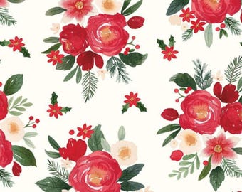 May include: A repeating pattern of watercolor floral bouquets on a white background. The bouquets feature red roses, small red flowers, and green foliage. The design includes sprigs of evergreen and holly.