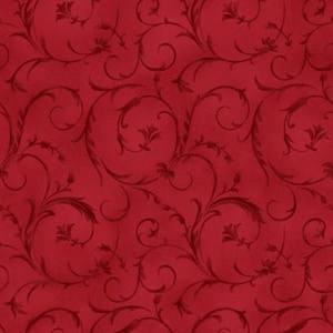 May include: Red fabric with a repeating pattern of dark red floral swirls.