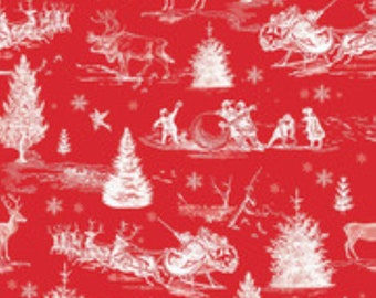 May include: White and red Christmas fabric featuring a repeating pattern of stylized illustrations of reindeer, trees, people, and snowflakes.