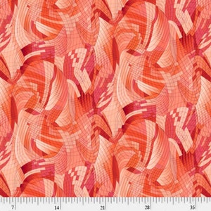 May include: Abstract geometric pattern fabric in shades of pink and red. The pattern is made up of overlapping lines and shapes that create a sense of movement and depth.