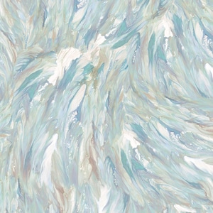 May include: An abstract painting featuring a fluid, marbled pattern with blended strokes of light blue, teal, soft beige, and white. The composition displays dynamic, swirling textures that create a sense of movement across the entire surface.