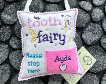 Custom Pink Tooth fairy pillow for Girls, Personalized tooth fairy pillow with hanging ribbon, stocking stuffer and birthday gift for kids