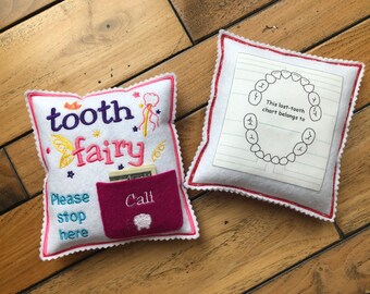 Custom Pink Tooth fairy pillow for Girls, Personalized tooth fairy pillow with hanging ribbon, stocking stuffer and birthday gift for kids