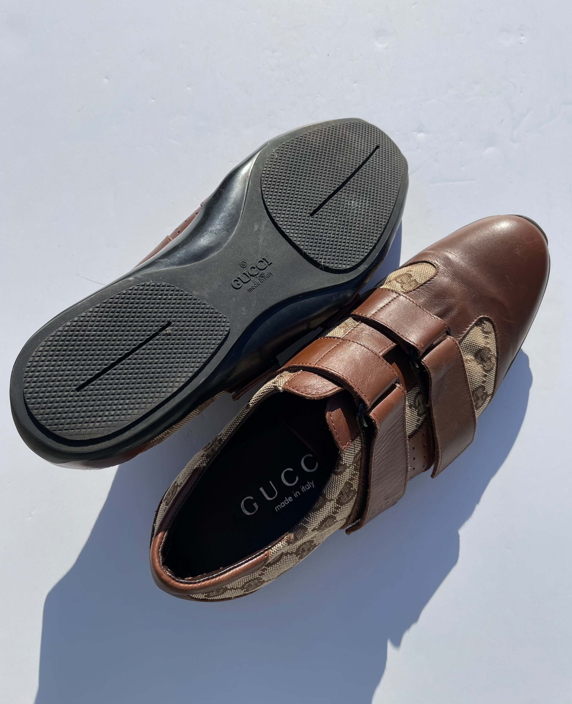 Gucci Brown Canvas and Leather Velcro shoes size 9.5 USA