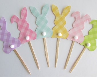 Easter Bunny Cupcake Toppers - Pastel Colored Gingham Cupcake Toppers - Easter Bunny Die Cuts - 12 Count - Easter Party