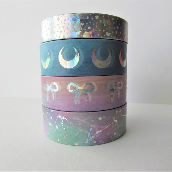 Washi Tape Sample - Simply Gilded - Crystal Galaxy Silver Holographic Sparker - Bow Washi - Constellation Washi - Moon Washi - 24" length