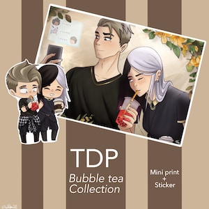 May include: A digital illustration of three cartoon characters holding bubble tea. The characters are a young man with brown hair, a young woman with black hair, and a young woman with white hair. The image includes the text "TDP Bubble tea Collection" and "Mini print + Sticker".
