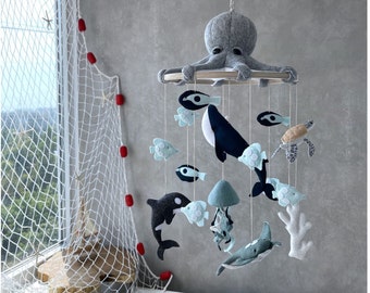 Baby boy mobile ocean, Nautical nursery mobile with octopus/ orca/ turtle/ manta/jellyfish/ whale, Cot mobile hanging, Baby shower gift idea