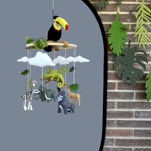 Jungle Baby mobile. Safari baby mobile themed.   Jungle baby shower theme gift. Tropical nursery mobile hanging. Toucan felt baby mobile.