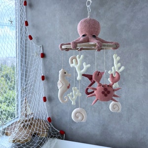 Ocean baby girl mobile, Nautical nursery mobile, Sea creatures cot mobile, Baby shower gift, Crib hanging mobile, Octopus baby mobile