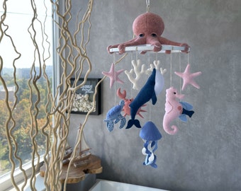 Ocean baby girl mobile, Nautical nursery mobile, Sea creatures cot mobile hanging, Crab, Whale, Jellyfish, Turtle, Octopus, Pink baby mobile