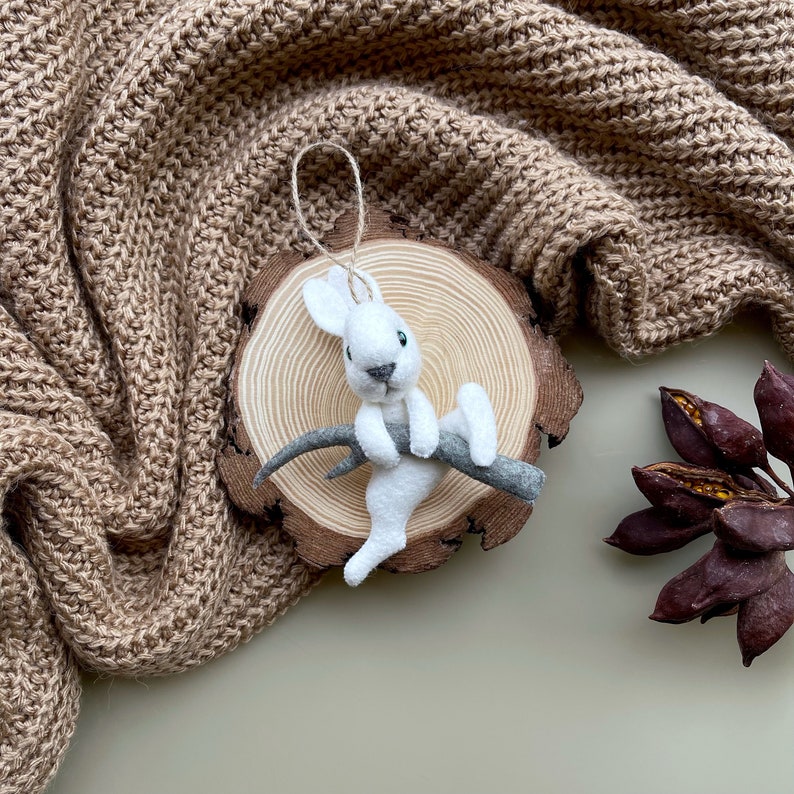 Xmas white bunny , Felt Christmas ornament , Cute rabbit felt toy , Tree ornament, Holiday hanging decoration, Christmas and Ester gift idea image 5