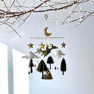 Dragon baby mobile. Crib baby mobile. Knight nursery decor. Woodland baby mobile with mountain, golden stars and moon. Baby shower gift