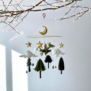 Dragon baby mobile. Crib baby mobile. Knight nursery decor. Woodland baby mobile with golden stars and moon. Baby shower themed gift.