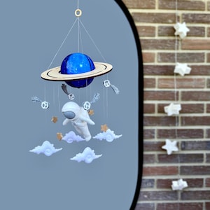 Astronaut Baby Mobile – Space Nursery Decor, Felt Crib Mobile with Planet, Clouds and Stars, Handmade Baby Shower Gift