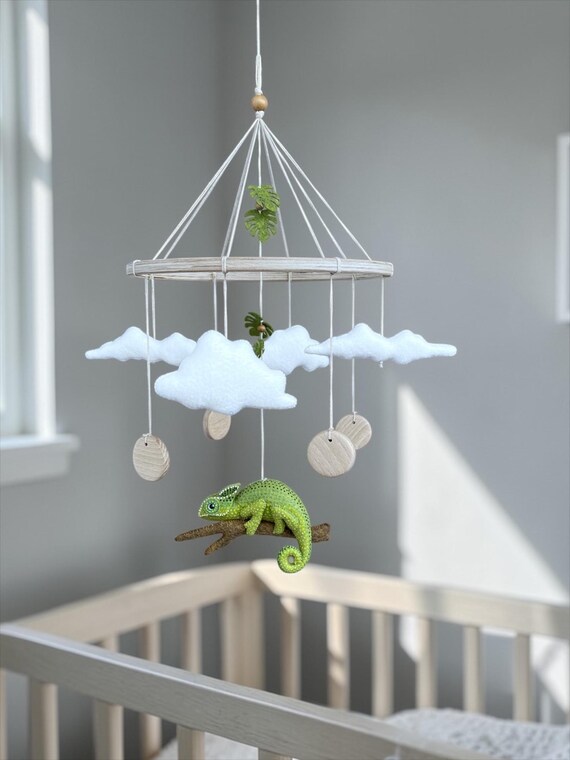 Chameleon Baby Mobile Neutral Nursery Decor Woodland Crib Mobile Felt Baby Mobile