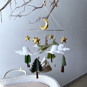 Dragon nursery mobile. Dragon baby mobile. Knight nursery decor. Woodland baby mobile with mountain, golden stars and moon. Baby shower gift