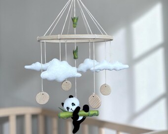 Panda Baby Mobile Felt Neutral Woodland Nursery Decor