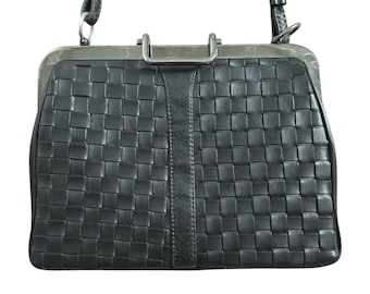 Bolso vintage de hombro tejido de cuero negro de Lipton