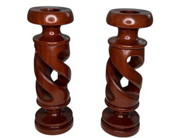 Candle Holders Vintage Wooden Tall Spiral Twisted Carved Dark Hardwood Candlestick Holders