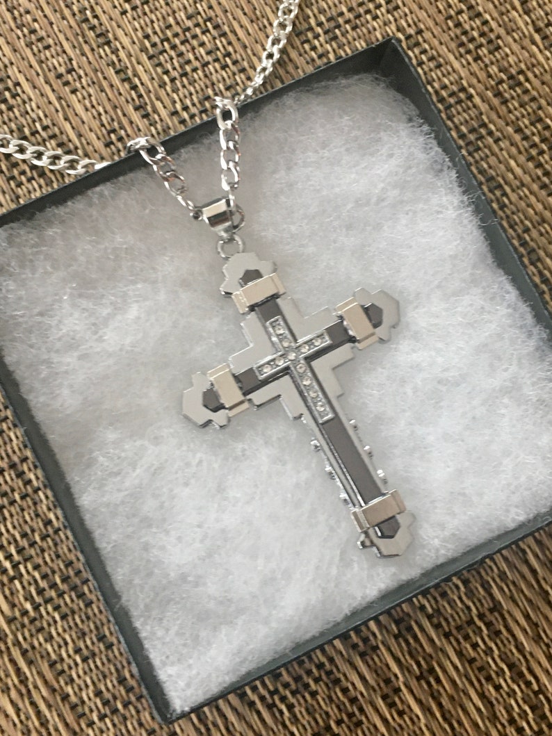 22\u201d Men\u2019s Religious Large Two Toned 316L Stainless Steel and Silver Plated Cross Pendant Necklace with Clear Rhinestone Crystals