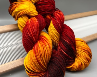 Embers Hand Dyed Yarn: Superwash Merino Wool, Red Orange Worsted