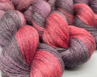 Red and Purple  ~ hand dyed yarn -  ready to ship - sock / sport - yarn -  recycled wool / tencel - knit gift  - pink