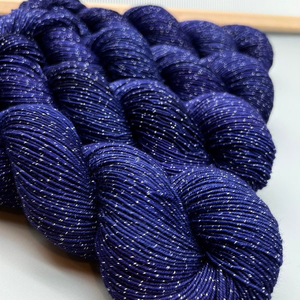 Starfall Hand Dyed Sparkle Yarn: Midnight Blue Sock Weight Lurex
