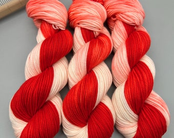 Strawberry Shortcake  - hand dyed yarn - dk - red and white yarn - yarn - ready to ship - MCN - knit gift - superwash merino wool