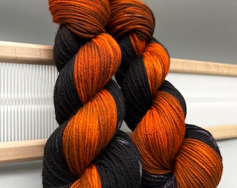 All Hallows' Hand Dyed Yarn: Black & Orange Superwash Merino Wool