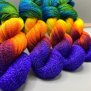 Rainbow Brite Hand Dyed Yarn: Sparkle Sock/Fingering, Lurex Merino Wool