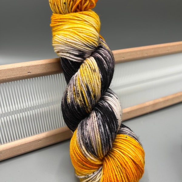 Campfire - hand dyed yarn - dk - yellow and gray yarn - knit gift - 75 25 - superwash merino wool - ready to ship - yarn