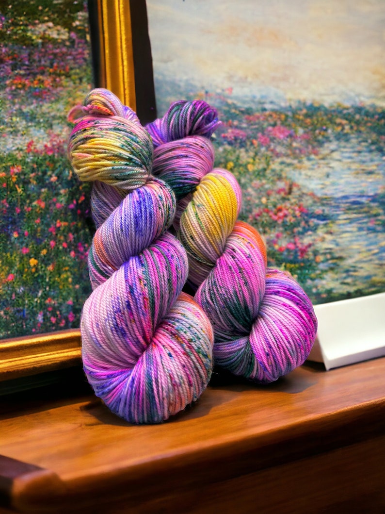 Monet washes of pastel colors speckled with spring flower colors hand dyed yarn available in any weight image 3