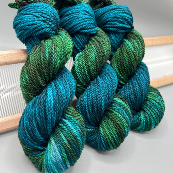 Peacock Plume / Mossy - Ready to ship - worsted - superwash merino wool - hand dyed yarn - knit gift - green yarn