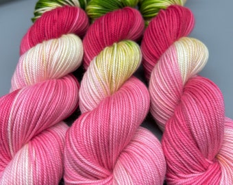 Watermelon ~ hand dyed yarn - ready to ship - sock / fingering yarn - superwash merino wool - knit gift - yarn - pink and green yarn