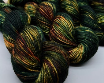 Scotch Pine Hand Dyed Yarn: Variegated Green Brown Superwash Merino