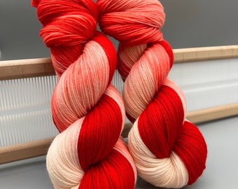 Strawberry Shortcake ~ Ready to ship - sock weight - superwash merino wool - hand dyed yarn - knit gift -  red and white yarn
