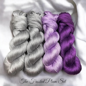 The Frosted Plum Set ~ pure mulberry silk / silk blend - Hand dyed yarn - lace / sock / fingering / sport / dk - knit gift - silk - yarn set