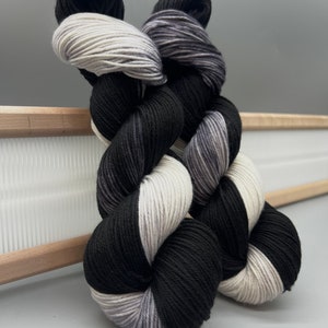 Moonshadow Hand Dyed Yarn: Black, Gray & White Superwash Merino