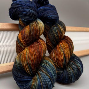 Rivendell Hand Dyed Yarn: Blue, Gold, Brown Superwash Merino