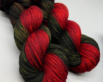 Vintage ~ hand dyed yarn - aran - red / green yarn - superwash merino - yarn - knit gift - ready to ship