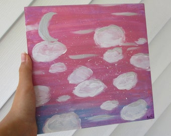 ORIGINAL Cloudy Pink Sunset And Moon | HaileysAwesomeArt
