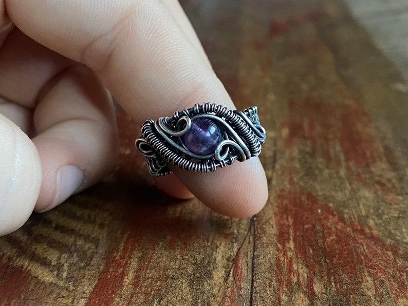 Antiqued Size 8.5 Amethyst Ring Sterling Silver Wire Handmade