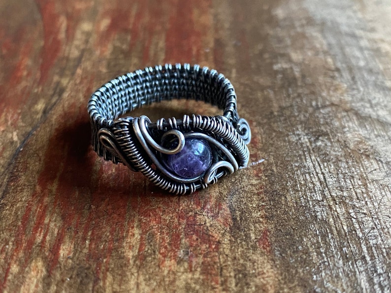 Antiqued Size 8.5 Amethyst Ring Sterling Silver Wire Handmade