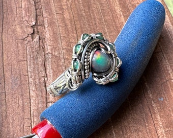 Handmade Opal Ring with Emerald. Wire Wrapped. Sterling Silver. One of a Kind. Size 7
